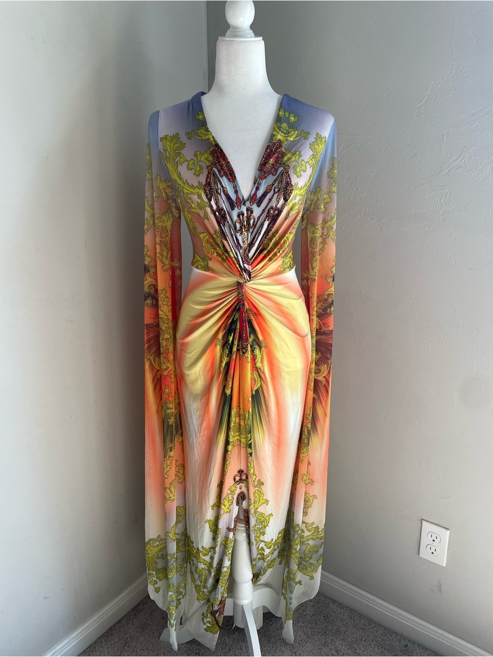 VENUS Sunrise Knot-Front Art Deco Maxi Caftan Dress in Orange, Yellow Colorful